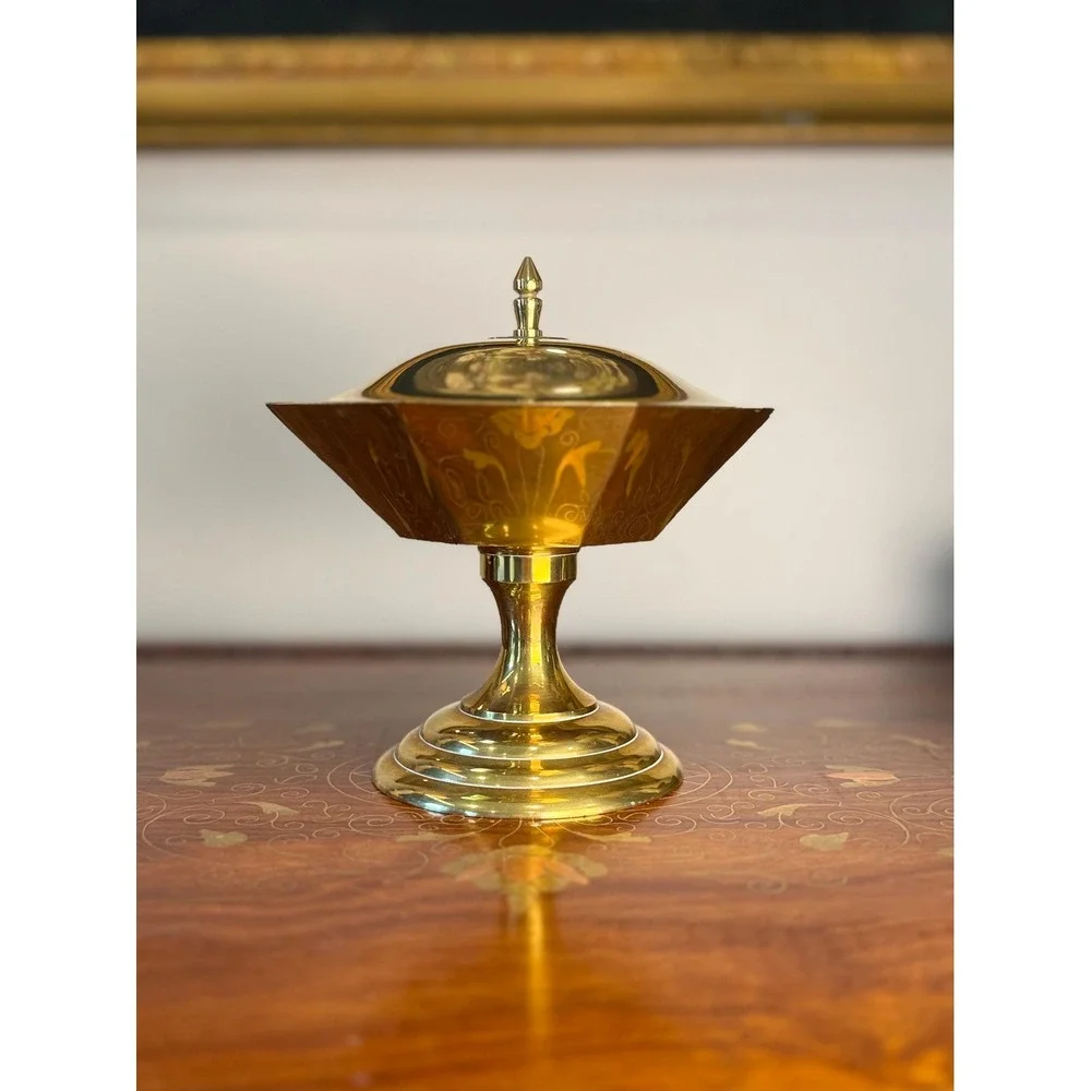 Vintage Solid Brass Lidded Pedestal Bowl • Octagonal Compote